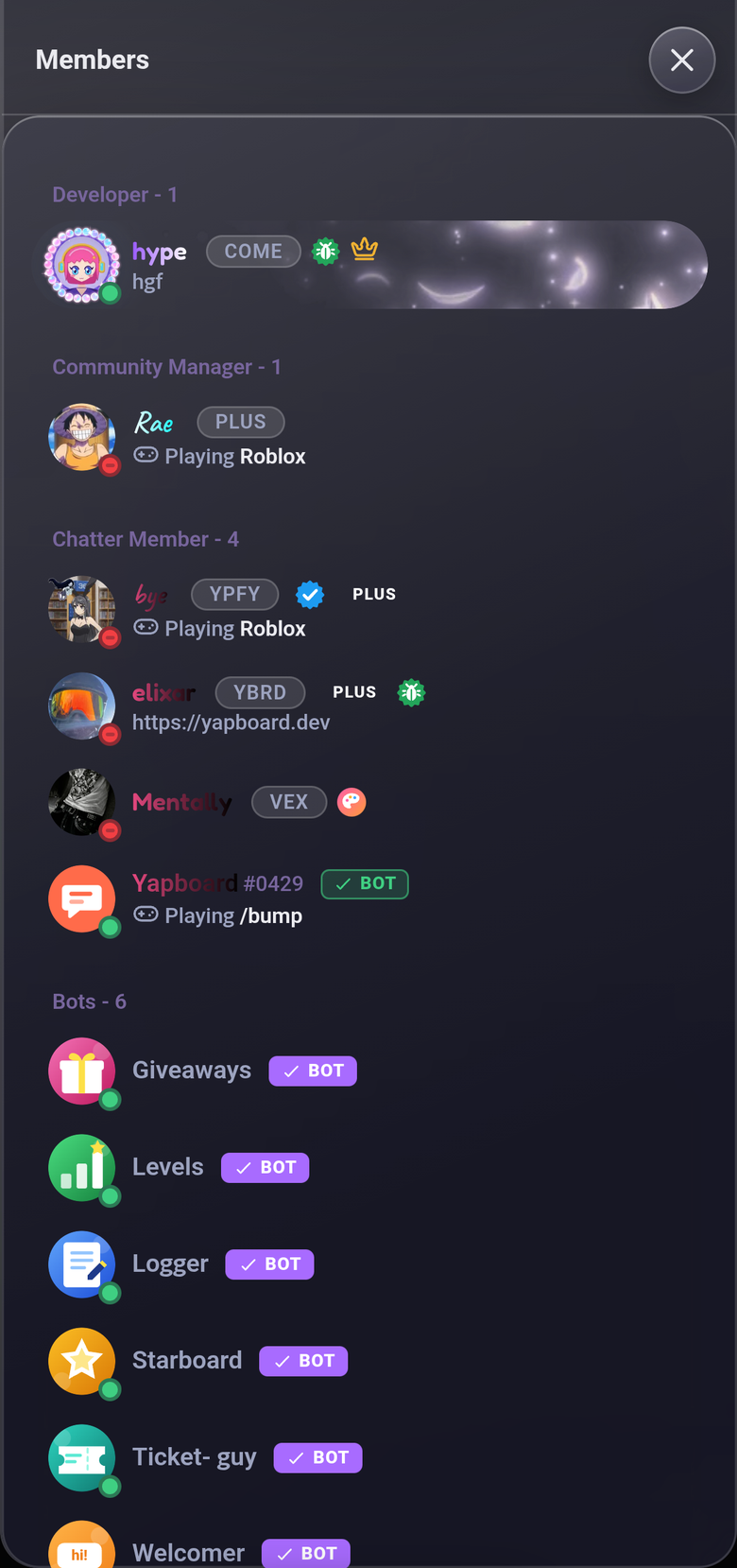 The member list with Discord decorations around the avatars, badges and name effects