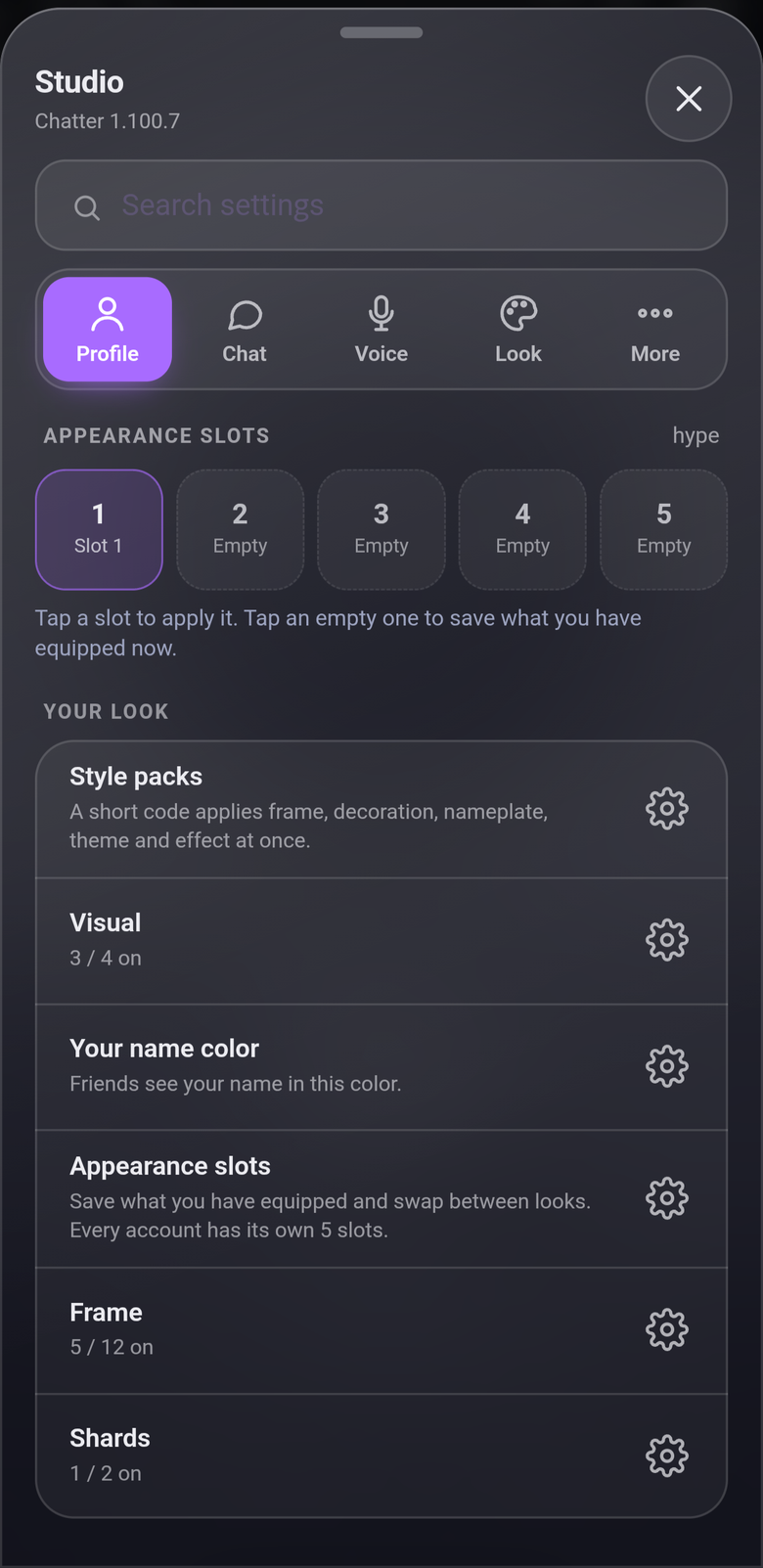Chatter's Studio screen showing five appearance slots and the settings list